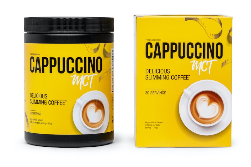 envase con su caja de cappuccino MCT de color amarillo y letras negras.