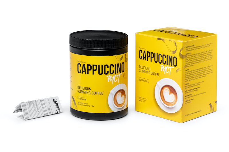 envase con su caja de cappuccino MCT de color amarillo y letras negras.