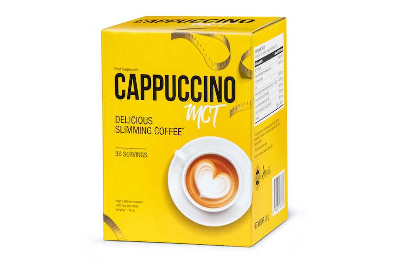 envase con su caja de cappuccino MCT de color amarillo y letras negras.
