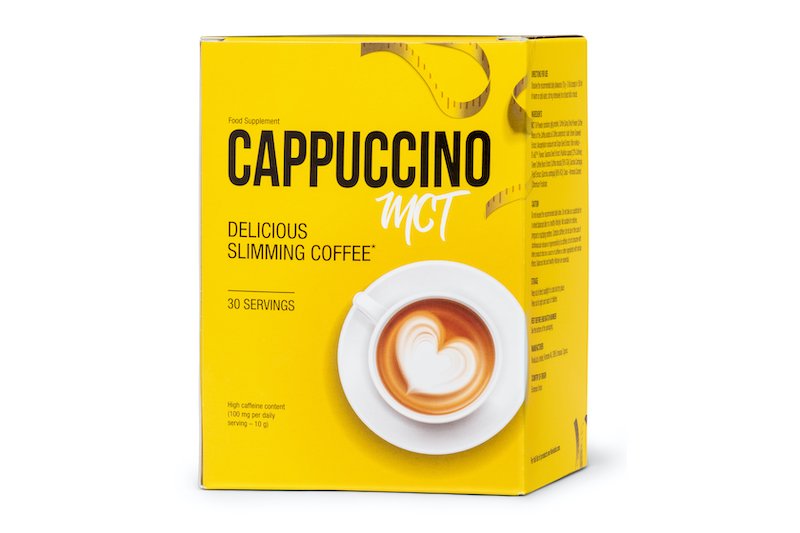 caja de cappuccino MCT de color amarillo y letras negras.