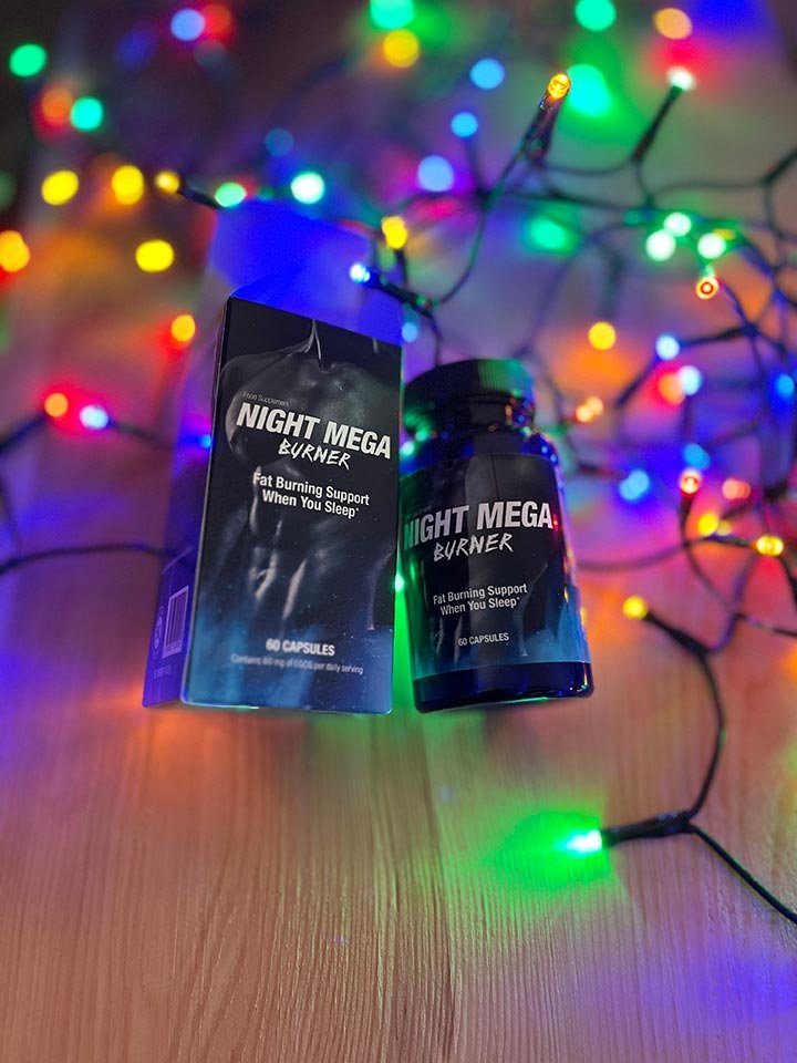 envase de suplemento con su caja de colores negros y azul con letras blancas y tira de luces led.