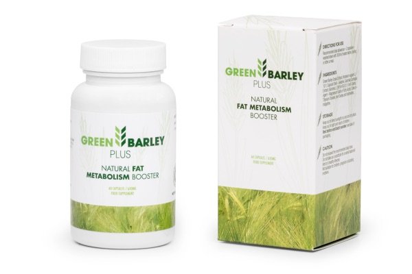 envase y caja de green barley plus sobre fondo blanco y naturaleza con letras verdes.