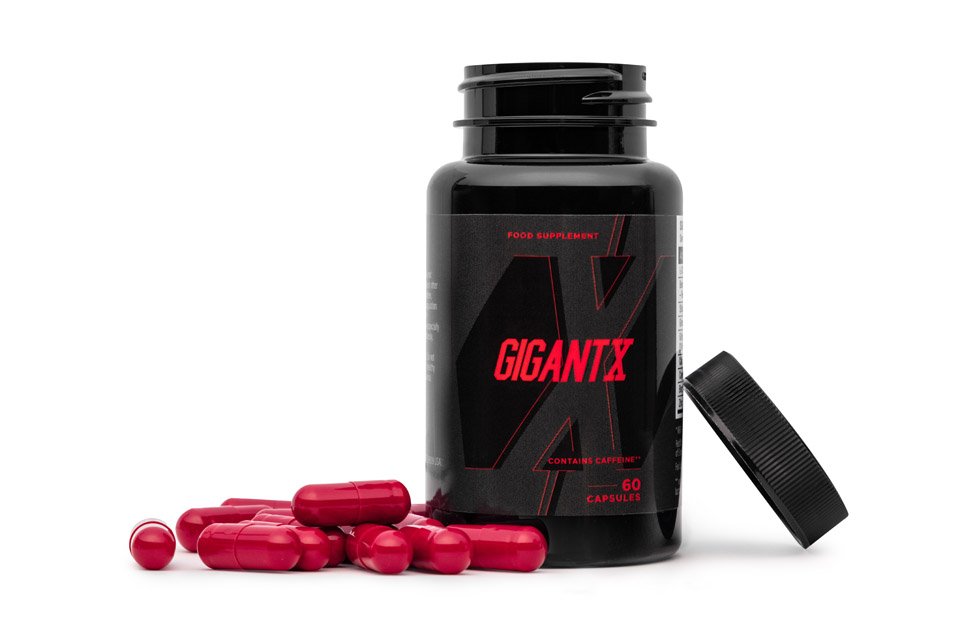 Bote y Cápsulas  de suplemento negra con letras rojas.